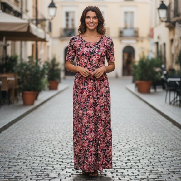 Mikarose Floral Black-Pink Short Sleeves Maxi 53” Dress Size XS - Picture 2 of 8